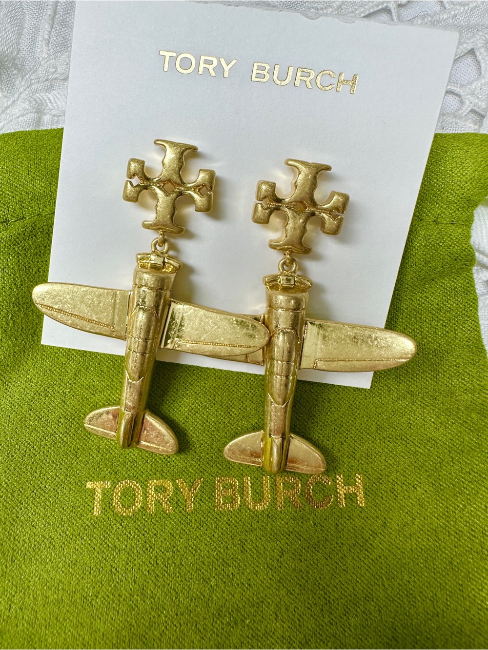 Tory Burch Gold Airplane Drop Logo Earrings